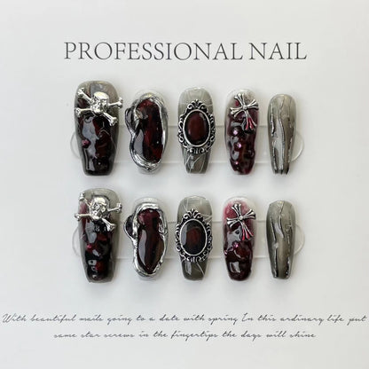 AHLM-Gothic Punk Press On Nails | Dark Red Marble & Skull Silver Art