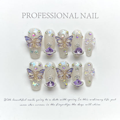 JGHD-Galactic Purple Press On Nails | Saturn & 3D Butterfly Luxury Art