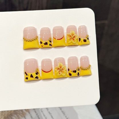 2920-Neon Leopard Duck Nails | Yellow Flare Press On Nails with 3D Flower