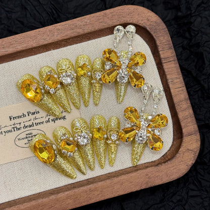 A6-Golden Amber Butterfly Press On Nails | Luxury Champagne Glitz Handmade