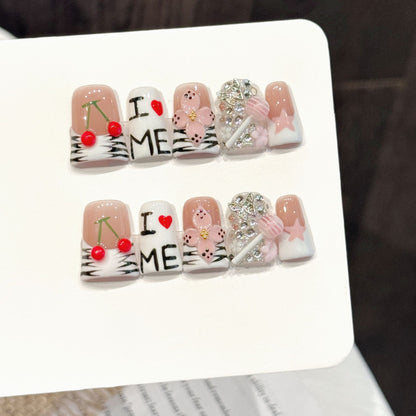 2921-Cherry Zebra Press On Nails Duck Nails | "I Heart Me" Kawaii 3D Lollipop Art