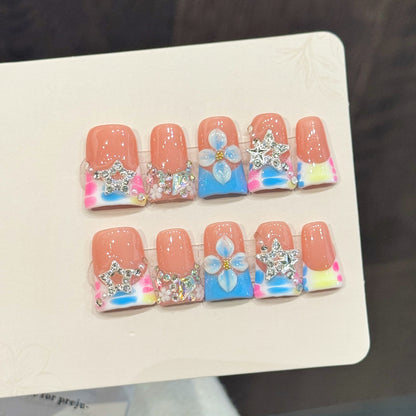 620-Pastel Galaxy Duck Nails | Silver Star & 3D Flower Flare Press On Nails | Dreamy Starry Art
