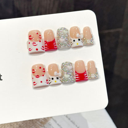 3334-Sweet Kitty Handmade Press On Nails Duck Nails| Red Lips & Full Diamond Luxury Art
