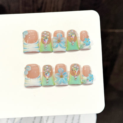 3287-Mint & Blue Duck Nails | Flare Press On Nails with 3D Tropical Flowers