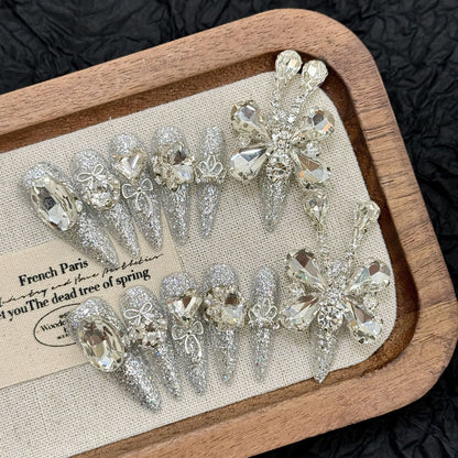 A5-Silver Diamond Butterfly Press On Nails | Extreme Glitz Luxury Handmade