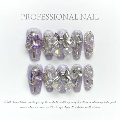 ZXXZ-Lavender Glitter Press On Nails | Silver Bow & Pearl Frame Luxury Art