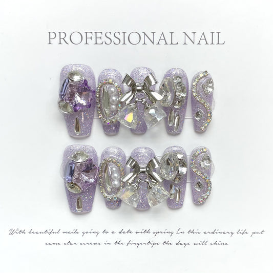ZXXZ-Lavender Glitter Press On Nails | Silver Bow & Pearl Frame Luxury Art