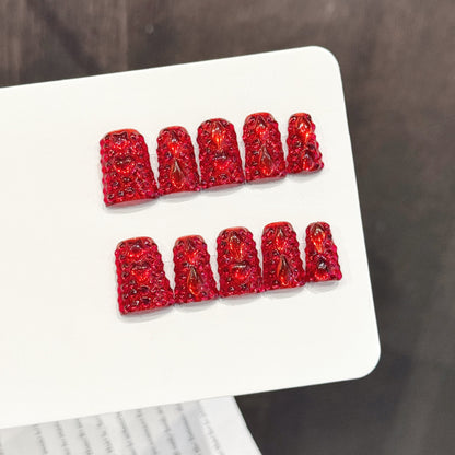 1034-Red Glitter Duck Nails | Full Crystal Crimson Flare Press On Nails