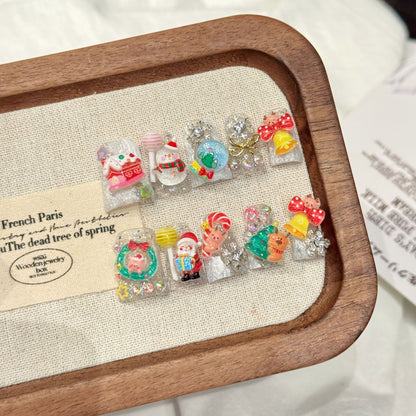 3181-Christmas Press On Nails | 3D Santa, Snowman & Reindeer Duck Nails | Holiday Nail Art