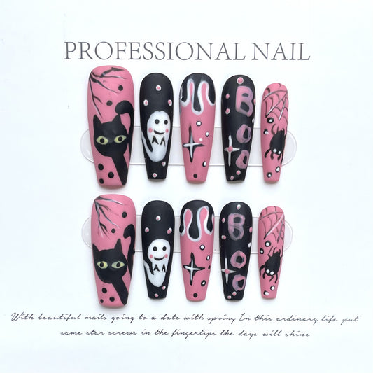 ZZJL-Pink Spooky Press On Nails | Matte Black Cat & Ghost Hand-Painted Art