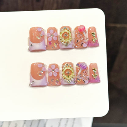 3286-Lavender & Pink Duck Nails | Flare Press On Nails with 3D Flowers & Butterflies