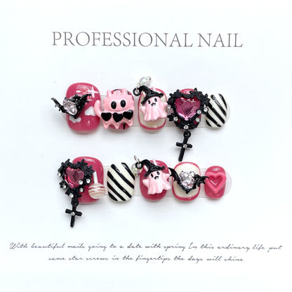 EMZX-Pink Pastel Goth Press On Nails | Kawaii Ghost & Bat Luxury Art