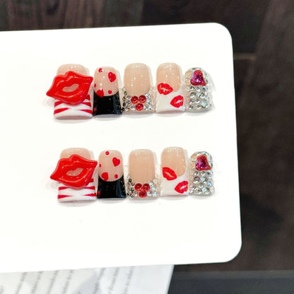 3289-Scarlet Kiss Duck Nails | Red Lips Flare Press On Nails with Crystal Hearts