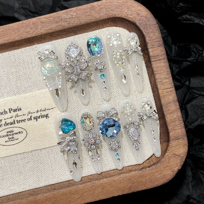 A2-Luxury Handmade Press On Nails - Blue Crystal & Silver Bow Design