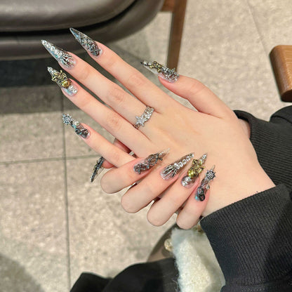 202-Gothic Skull Stiletto Press On Nails | Black Grey Ombre Punk Y2K Statement Set
