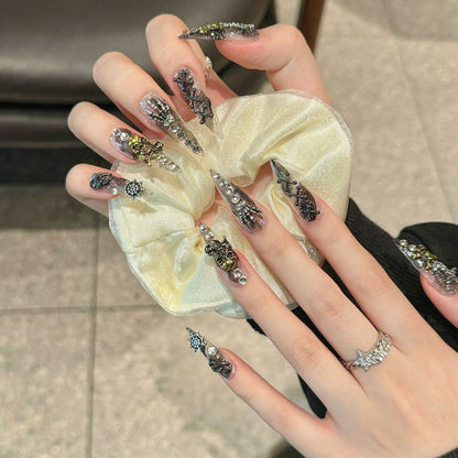 202-Gothic Skull Stiletto Press On Nails | Black Grey Ombre Punk Y2K Statement Set