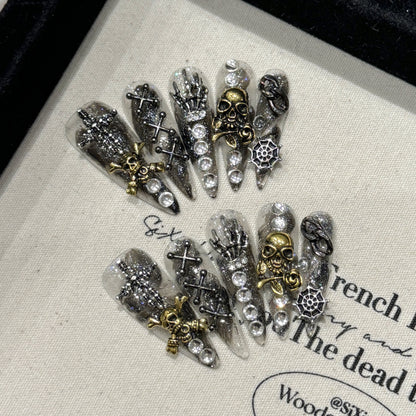 202-Gothic Skull Stiletto Press On Nails | Black Grey Ombre Punk Y2K Statement Set