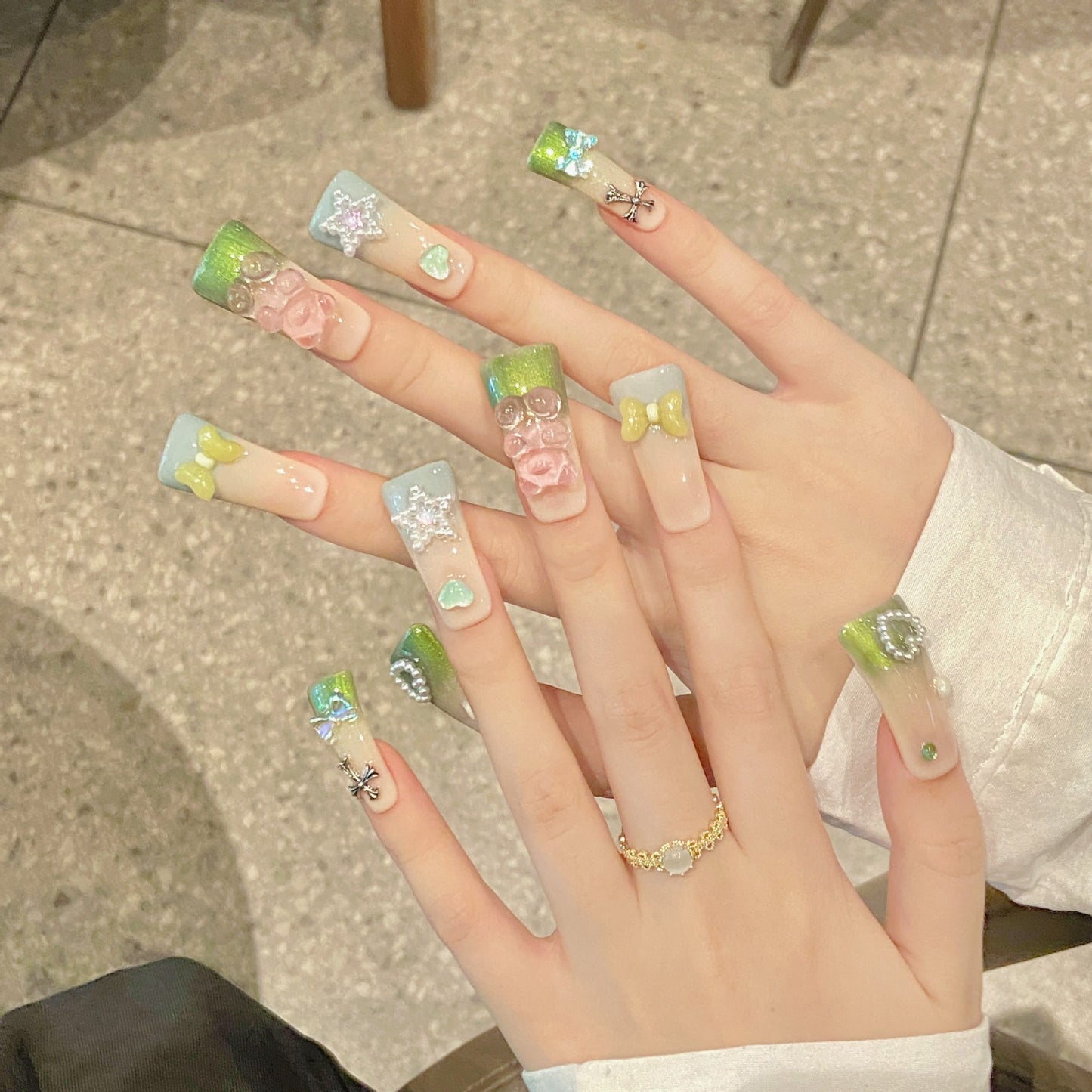 2094-Artisan Hand-Painted Duck Nails | Chrome Star & Gothic Cross Press Ons | 100% Handmade Cyber-Y2K Nails