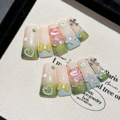 2094-Artisan Hand-Painted Duck Nails | Chrome Star & Gothic Cross Press Ons | 100% Handmade Cyber-Y2K Nails