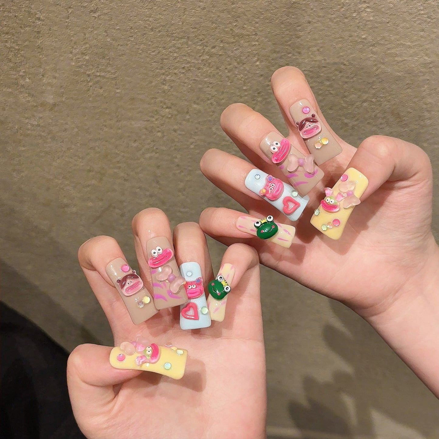 2124-Artisan Hand-Painted Duck Nails | Pink Gummy Bear & Sage Green Press Ons | 100% Handmade Kawaii Nails
