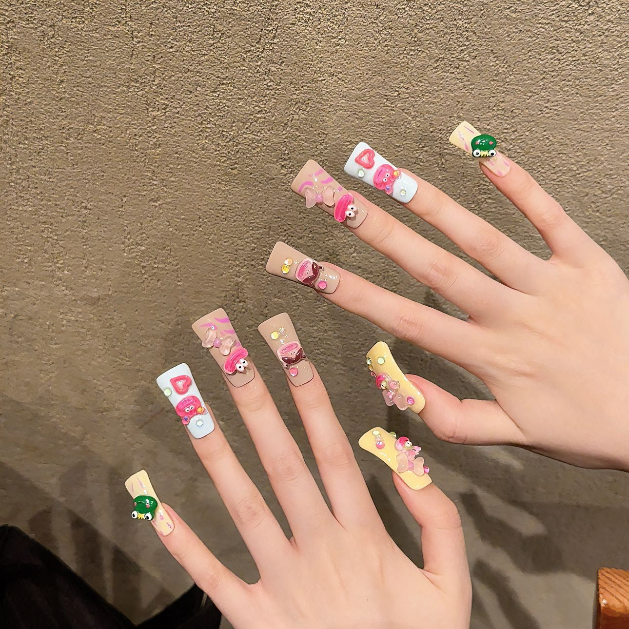2124-Artisan Hand-Painted Duck Nails | Pink Gummy Bear & Sage Green Press Ons | 100% Handmade Kawaii Nails