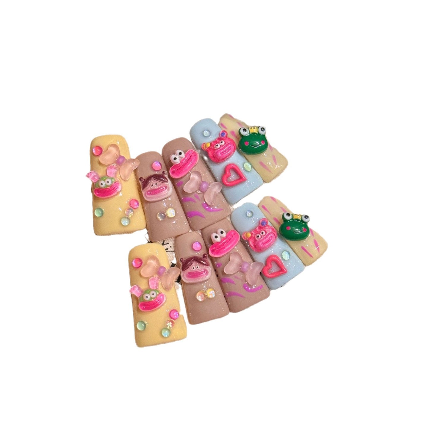 2124-Artisan Hand-Painted Duck Nails | Pink Gummy Bear & Sage Green Press Ons | 100% Handmade Kawaii Nails