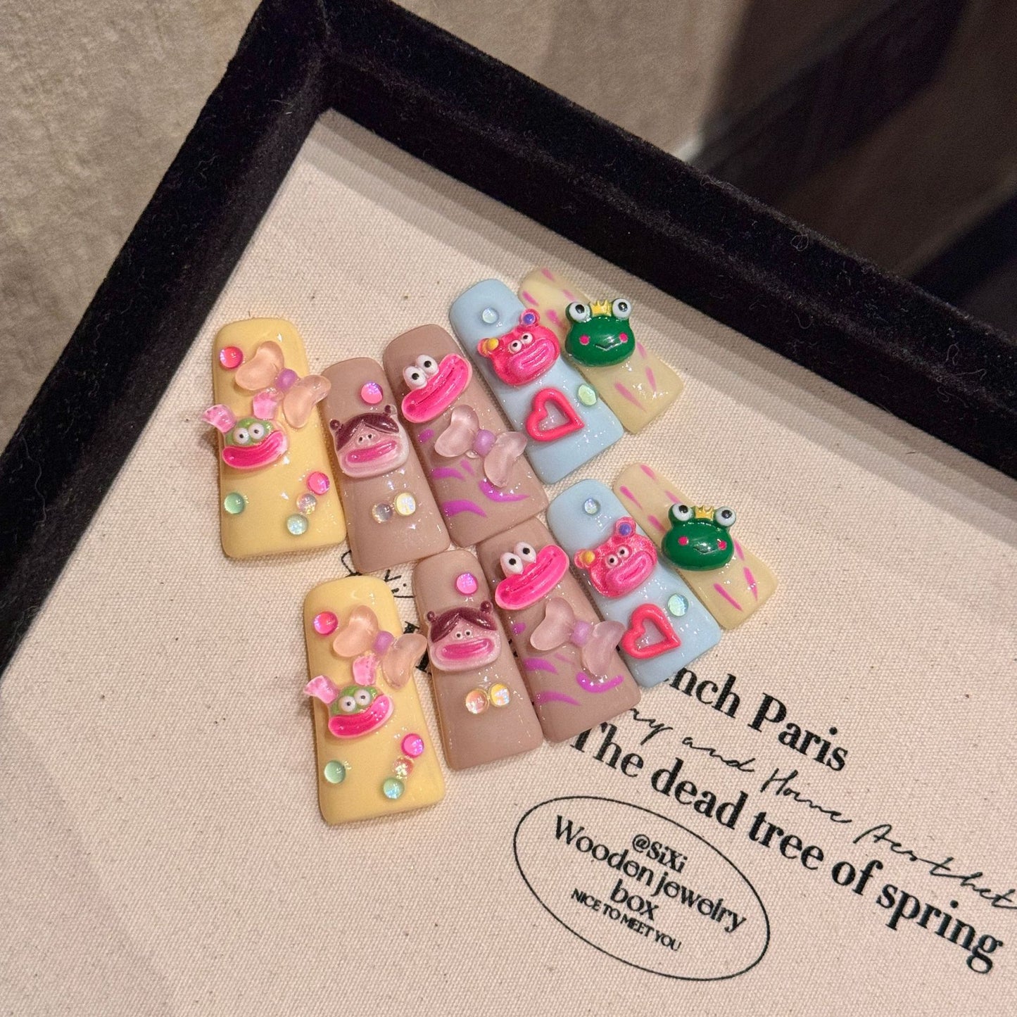 2124-Artisan Hand-Painted Duck Nails | Pink Gummy Bear & Sage Green Press Ons | 100% Handmade Kawaii Nails