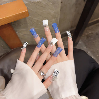 2130-Artisan Hand-Painted Duck Nails | Silver Planet & Mixed Animal Print Press Ons | 100% Handmade Cyber-Y2K Nails