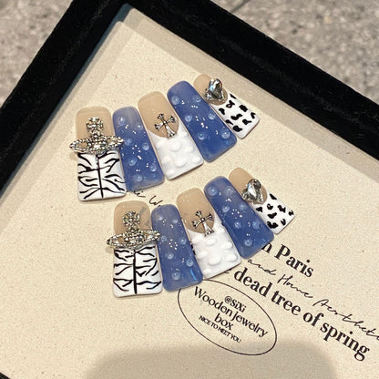 2130-Artisan Hand-Painted Duck Nails | Silver Planet & Mixed Animal Print Press Ons | 100% Handmade Cyber-Y2K Nails