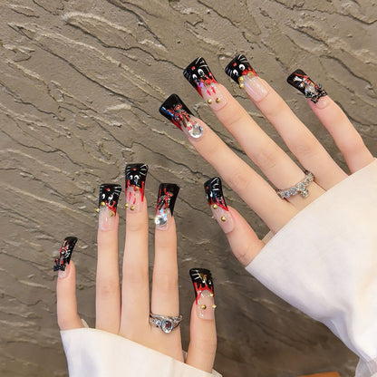 2131-Artisan Hand-Painted Duck Nails | Gold Cherub & Blue Leopard Press Ons | 100% Handmade Luxury Jewelry Nails