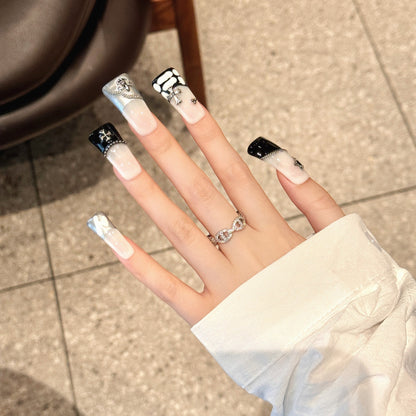 2160-Artisan Hand-Painted Duck Nails | Watercolor Tie-Dye & Silver Star Press Ons | 100% Handmade Dopamine Nails