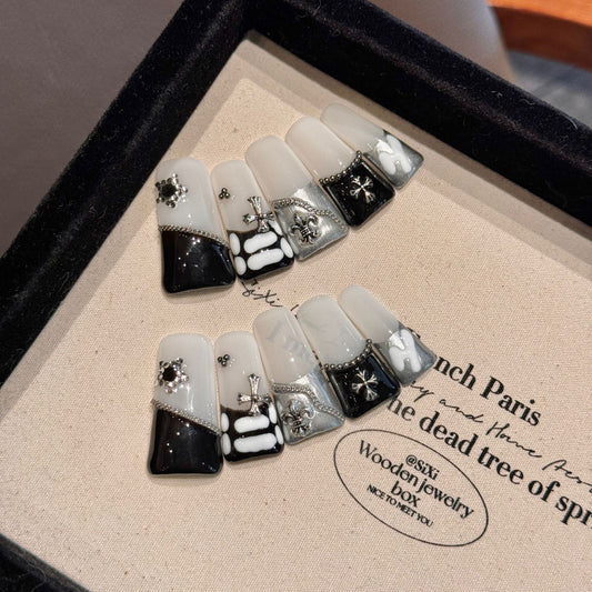 2160-Artisan Hand-Painted Duck Nails | Watercolor Tie-Dye & Silver Star Press Ons | 100% Handmade Dopamine Nails