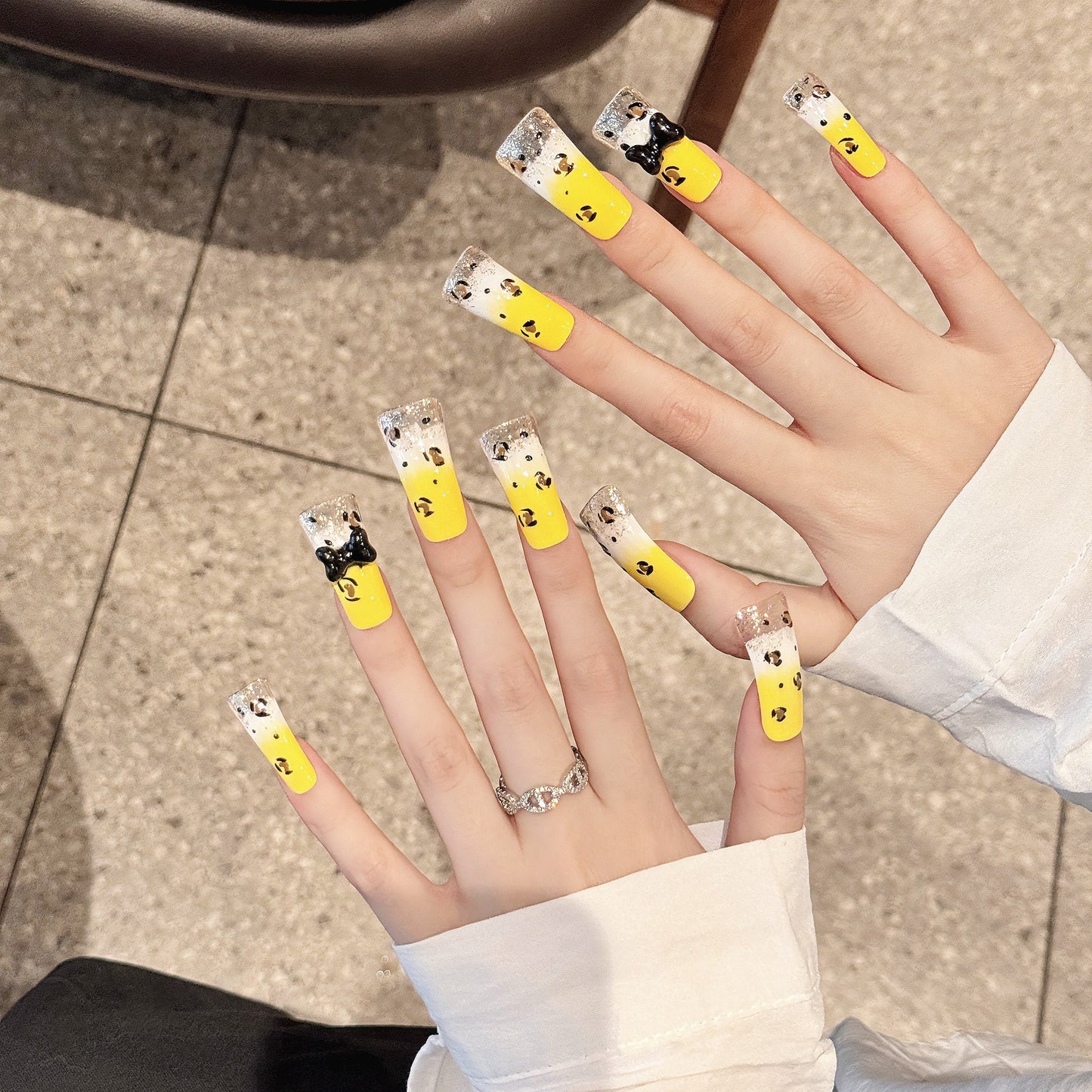 2239-Artisan Yellow Leopard Duck Nails | Hand-Painted Ombre & Black Bow | Y2K Gyaru Press On Nails