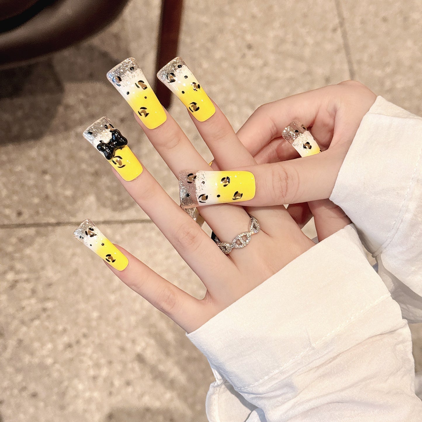 2239-Artisan Yellow Leopard Duck Nails | Hand-Painted Ombre & Black Bow | Y2K Gyaru Press On Nails