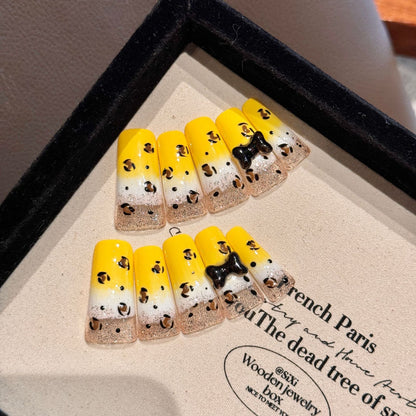 2239-Artisan Yellow Leopard Duck Nails | Hand-Painted Ombre & Black Bow | Y2K Gyaru Press On Nails