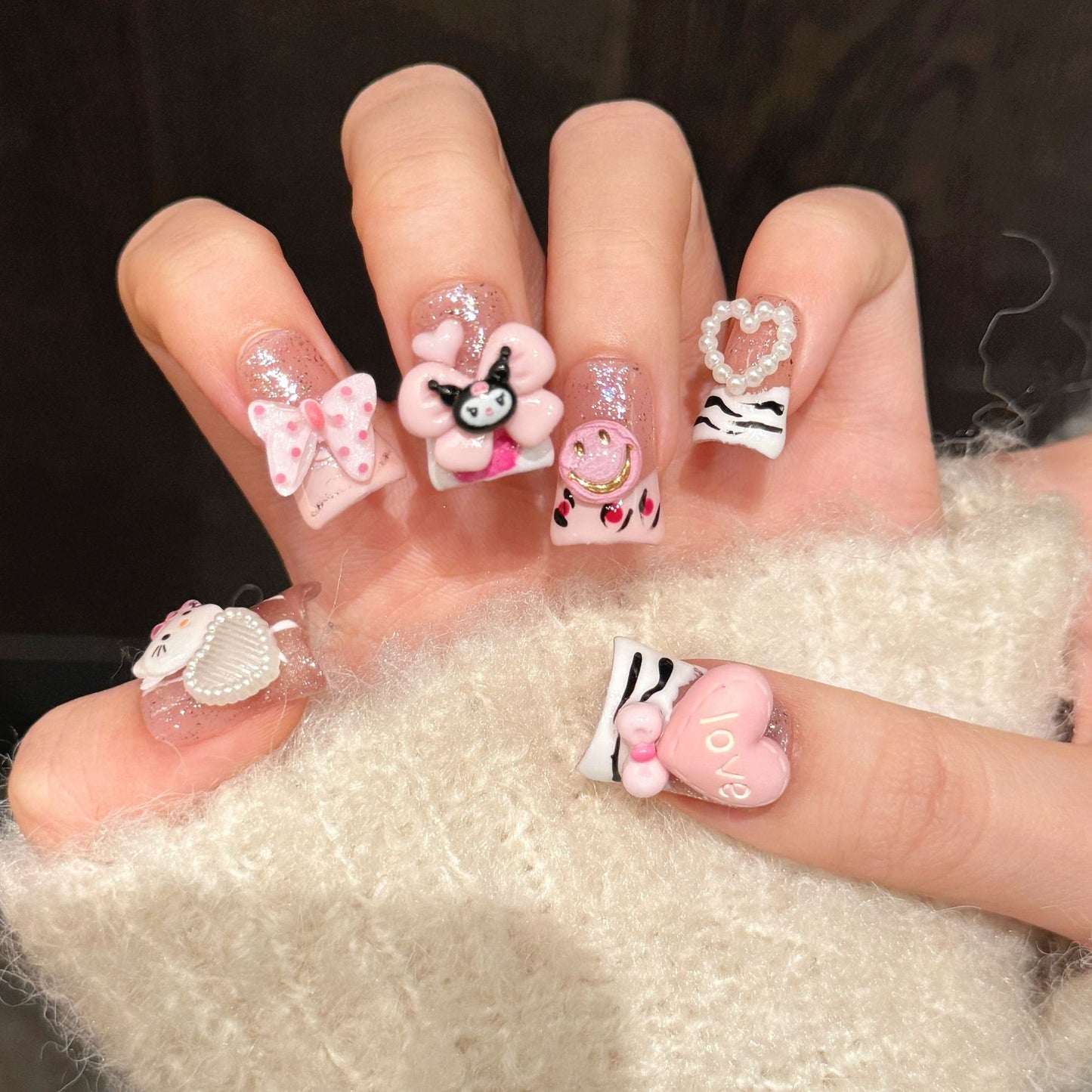 2699-Artisan Sanrio Duck Nails | 3D cat Charms | Luxury Pink Glitter Gyaru Press Ons
