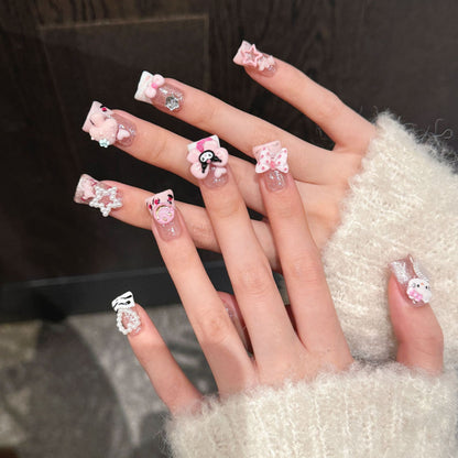 2699-Artisan Sanrio Duck Nails | 3D cat Charms | Luxury Pink Glitter Gyaru Press Ons