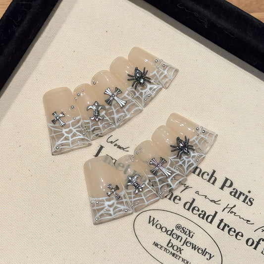 2732- Artisan Duck Nails | 3D Saturn Planet & Chrome Cross Charms | Blue Water Drop & Cow Print Press Ons