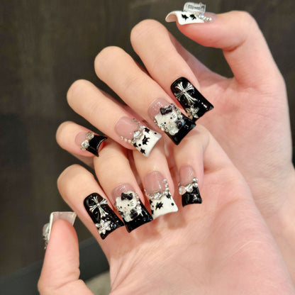 2838-Artisan "Gossamer Goth" Kitty Duck Nails | Hand-Painted Spider Web & 3D Charms | Y2K Nude Flare Press Ons