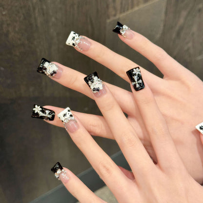 2838-Artisan "Gossamer Goth" Kitty Duck Nails | Hand-Painted Spider Web & 3D Charms | Y2K Nude Flare Press Ons