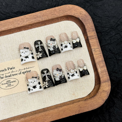 2838-Artisan "Gossamer Goth" Kitty Duck Nails | Hand-Painted Spider Web & 3D Charms | Y2K Nude Flare Press Ons