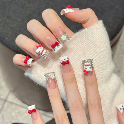 2851-Artisan "Chun-Li Kitty" Duck Nails | Hand-Painted Blue & Red Bow | 3D Hello Kitty Kawaii Press Ons
