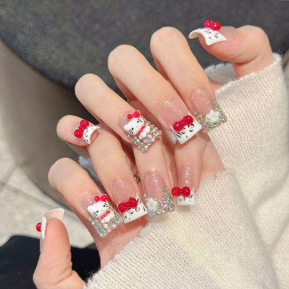 2851-Artisan "Chun-Li Kitty" Duck Nails | Hand-Painted Blue & Red Bow | 3D Hello Kitty Kawaii Press Ons