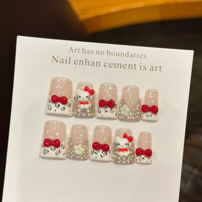2851-Artisan "Chun-Li Kitty" Duck Nails | Hand-Painted Blue & Red Bow | 3D Hello Kitty Kawaii Press Ons