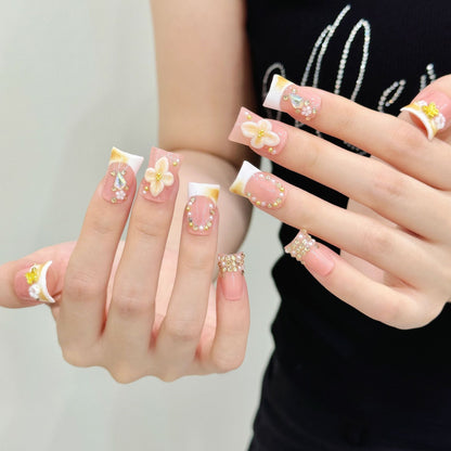 2953-Nude Pink French Press On Nails with 3D Flower & Rhinestones | Elegant Daily Wear