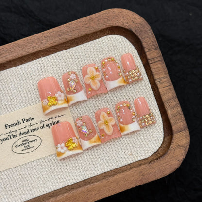 2953-Nude Pink French Press On Nails with 3D Flower & Rhinestones | Elegant Daily Wear