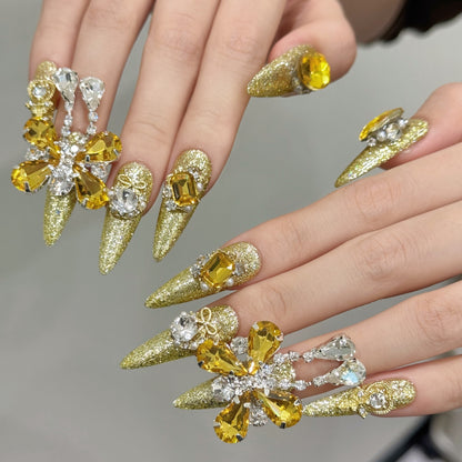 A6-Golden Amber Butterfly Press On Nails | Luxury Champagne Glitz Handmade