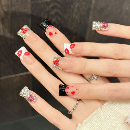3289-Scarlet Kiss Duck Nails | Red Lips Flare Press On Nails with Crystal Hearts