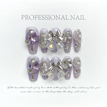 ZXXZ-Lavender Glitter Press On Nails | Silver Bow & Pearl Frame Luxury Art