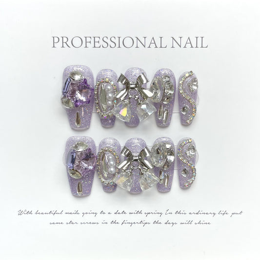 ZXXZ-Lavender Glitter Press On Nails | Silver Bow & Pearl Frame Luxury Art